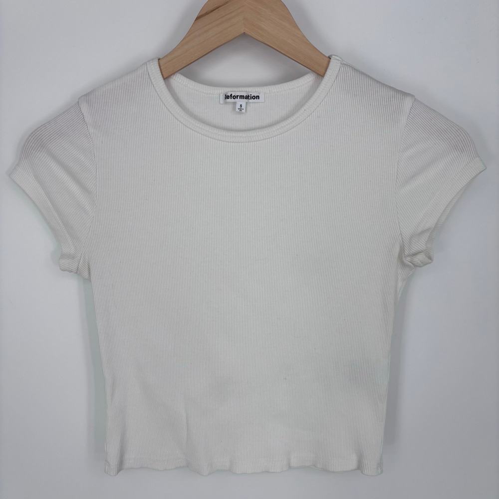 Reformation Organic Cotton Ribbed Short Sleeve Crew Neck Top White Womens Size S
